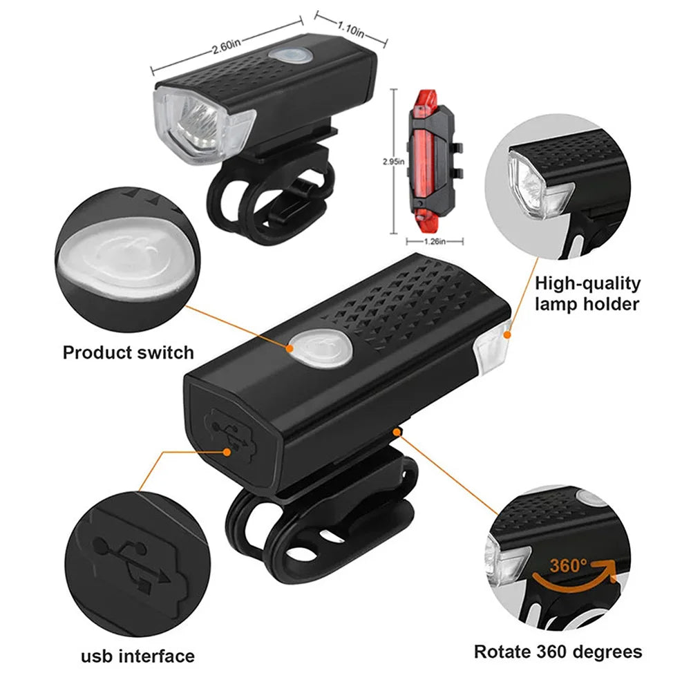 USB Rechargeable Bike Light Set Front Light with Taillight Easy to Install 3 Modes Bicycle Accessories for the Bicycle