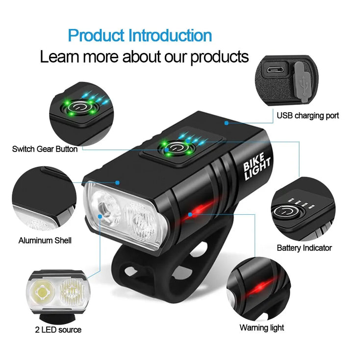 BK02 Bike Light USB Rechargeable T6 LED Bicycle Lights 6 Modes MTB Flashlight Bicycle Headlight for Cycling Bicycle Front Lamp