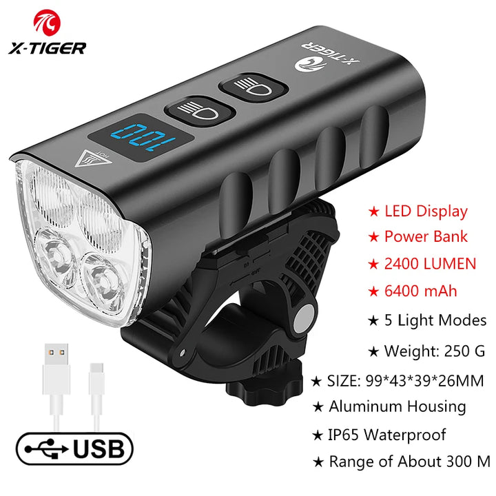 X-TIGER Waterproof MTB Bike Light Aluminum Alloy Road Cycling USB Rechargeable Headlight 2400 Lumens Bicycle Light Accessories