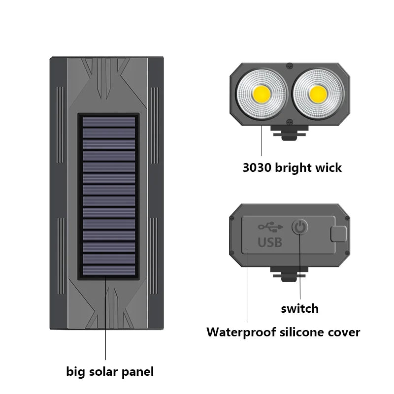 1200mAh MTB Solar Bike Light Headlight Bicycle Flashlight 2*30 LED Front Light Bike Solar Power Bicycle Accessories