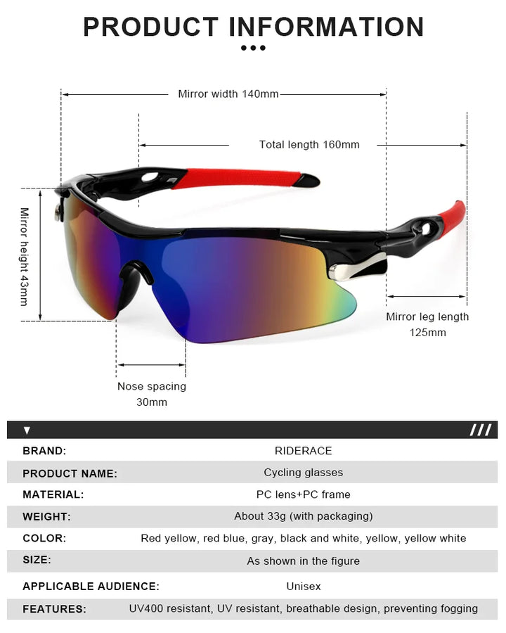 RIDERACE Sports Men Sunglasses Road Bicycle Glasses Mountain Cycling Riding Protection Goggles Eyewear Mtb Bike Sun Glasses