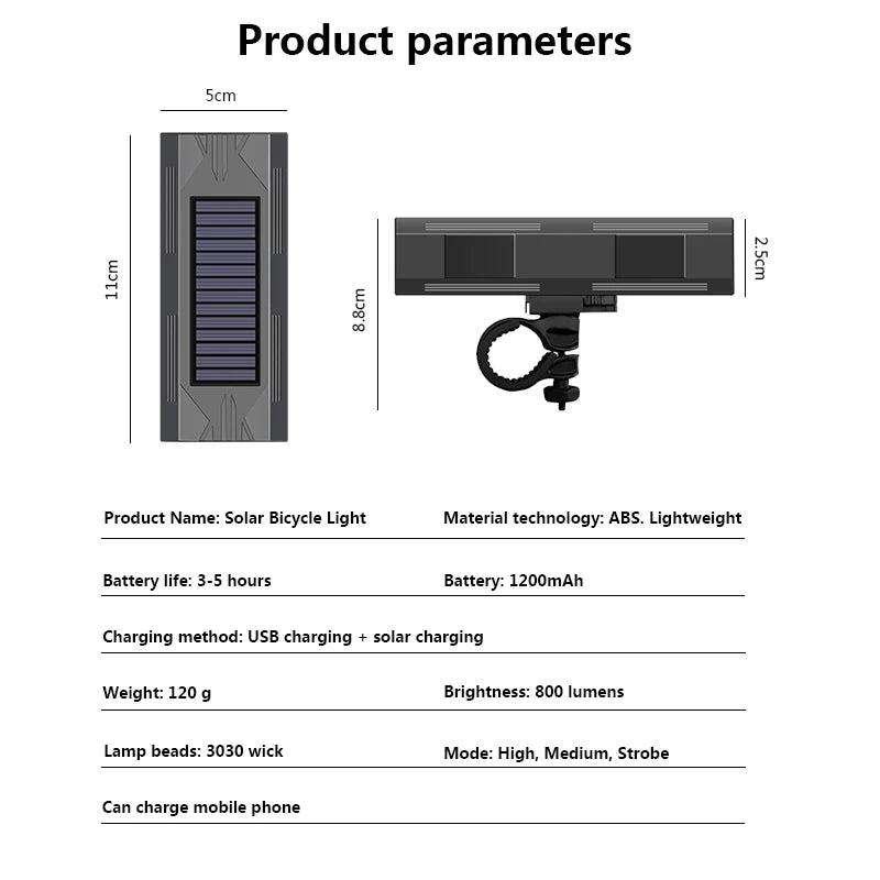 1200mAh MTB Solar Bike Light Headlight Bicycle Flashlight 2*30 LED Front Light Bike Solar Power Bicycle Accessories
